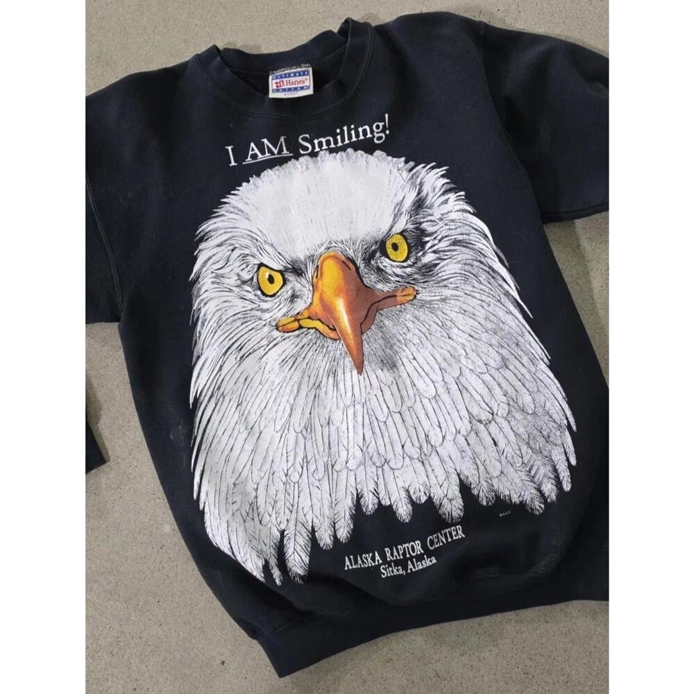Vintage Hanes Alaska Raptor Center Bald Eagle I Am Smiling Graphic Crewneck Sz S